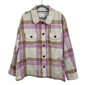 NWT GAP Plaid Shirt Jacket Shacket Pink Tan Cream Size XXL Women's